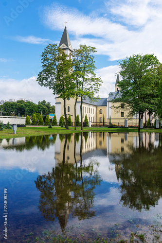 Church in the flooded city park.