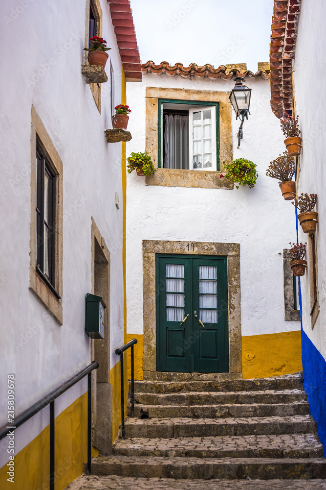 Beautiful narrow street with stone stairs and colorful walls with flowers and an open window in old town of Obidos, Portugal
