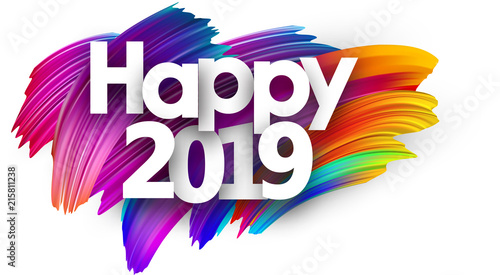 Happy 2019 new year festive background with colorful brush strokes.