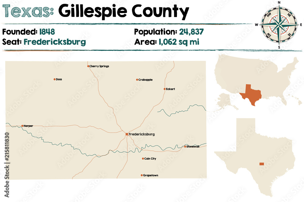 Detailed map of Gillespie county in Texas, USA.