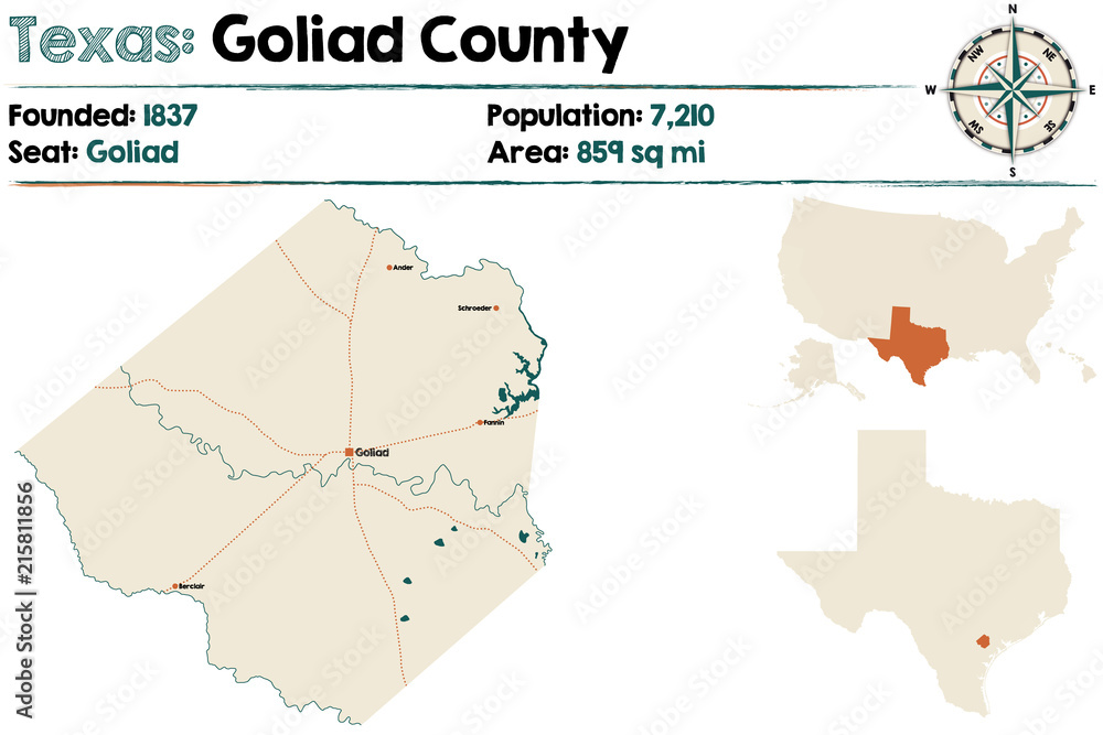 Detailed map of Goliad county in Texas, USA.