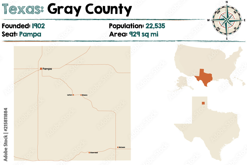 Obraz premium Detailed map of Gray county in Texas, USA.