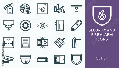 Fire alarm and security system icons set - sensor, detector, sprinkler