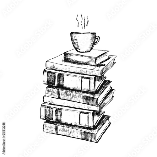 Vector sketch drawing illustration with books and cup of coffee