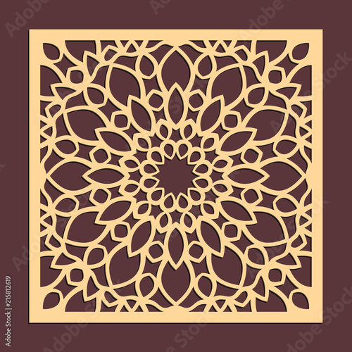 Laser cutting panel. Golden floral pattern. Gift or favor box silhouette ornament. Vector coaster design for metal, wood, paper work.