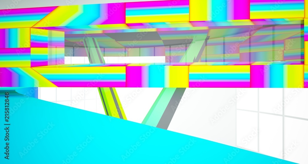 Fototapeta premium Abstract white and colored gradient interior multilevel public space with window. 3D illustration and rendering.