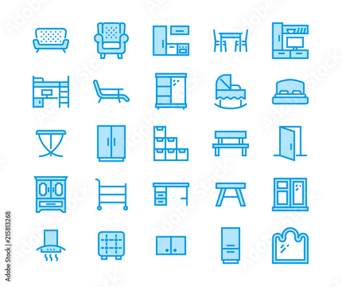 Furniture vector flat line icons. Living room tv stand, bedroom, baby crib, kitchen exhaust hood, sofa, nursery, dining table, door window. Thin signs collection interior store. Pixel perfect 48x48.