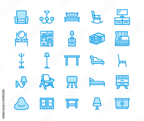 Furniture vector flat line icons. Living room tv stand, bedroom, home lighting, rocking chair, sofa, bedding, dining table, bed,bookcase. Thin signs collection interior store. Pixel perfect 48x48