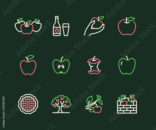 Apples flat line icons. Apple picking, autumn harvest festival, craft fruit cider illustrations. Thin signs for organic food store. Pixel perfect 48x48. Editable Strokes.