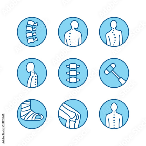 Spine, backbone line icons. Orthopedics clinic, medical rehab, back trauma, broken bone, posture correction scoliosis. Health care hospital circle signs, logo.