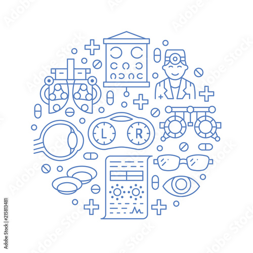 Ophthalmology, eyes health care circle porter with line icons. Optometry equipment, contact lenses, eye glasses, doctor, orb. Vision correction blue brochure signs for oculist clinic.