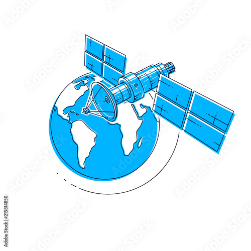 Communication satellite flying orbital spaceflight around earth, spacecraft space station with solar panels and satellite antenna plate. Thin line 3d vector illustration.