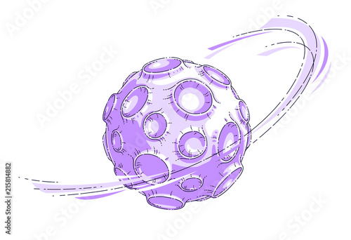 Small cartoon vector fantastic planet with craters from asteroid and meteorite rains fall. Thin line 3d vector illustration isolated on white background.
