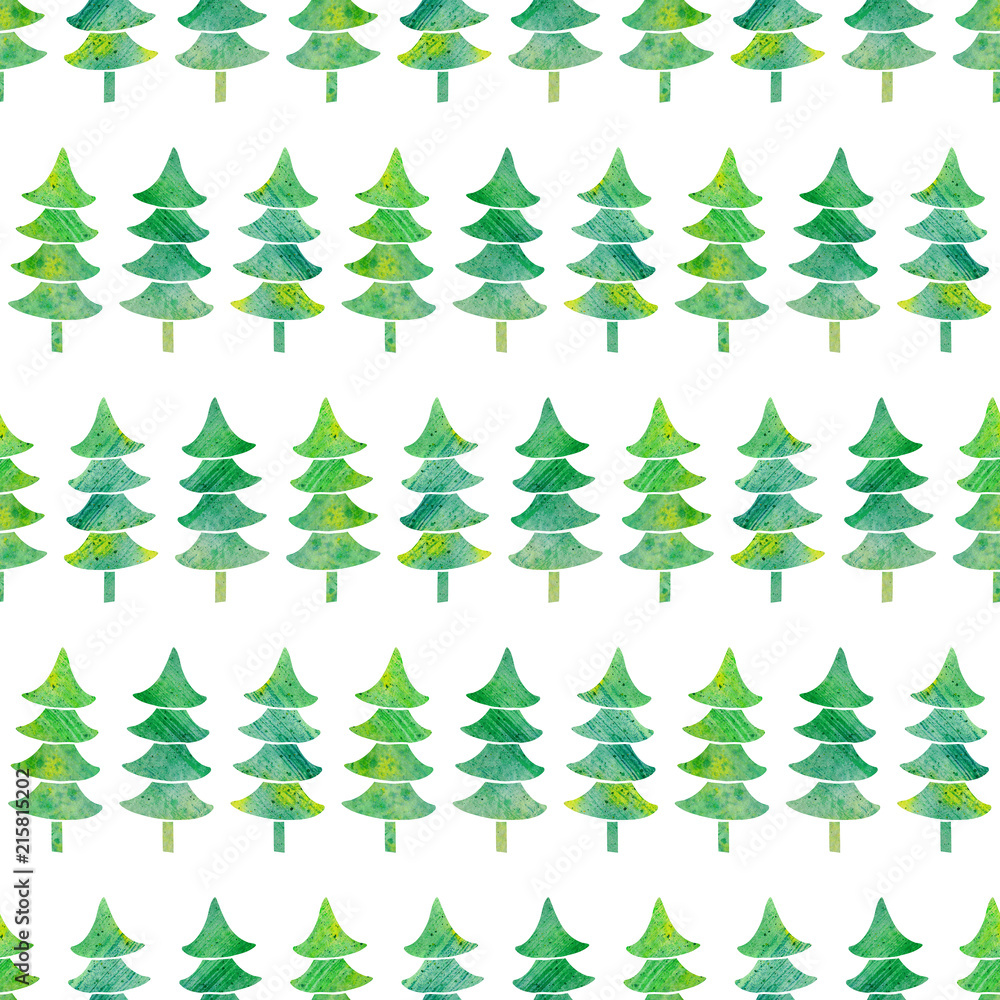 Watercolor seamless pattern with textured Xmas trees. Simple christmas background. Hand-drawn illustration with green silhouette of spruce Watercolor seamless pattern with textured Xmas trees. Simple christmas background. Hand-drawn illustration with green silhouette of spruce