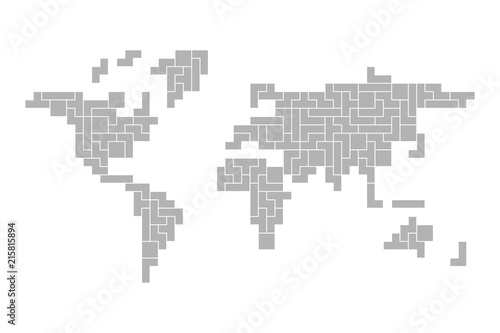 World map mosaic of grey tetris blocks. Flat vector illustration.