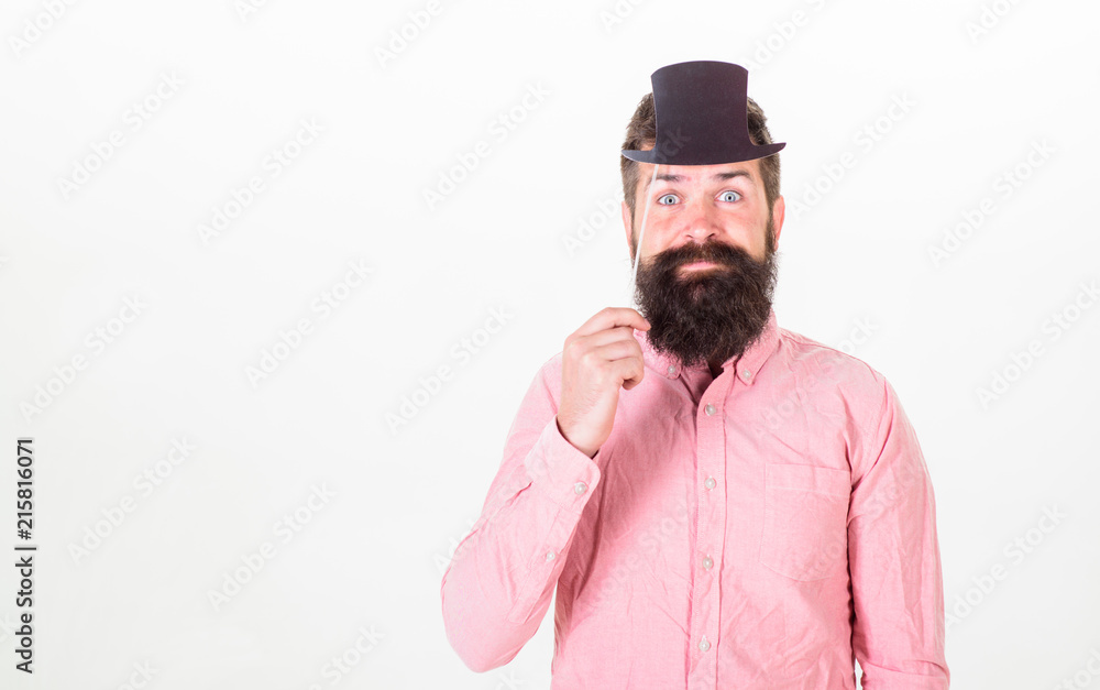 Great to be smart but intelligence is hard thing to pin down. Guaranteed ways appear smarter than you are. Man bearded hipster hold cardboard top hat to look smarter and serious on white background