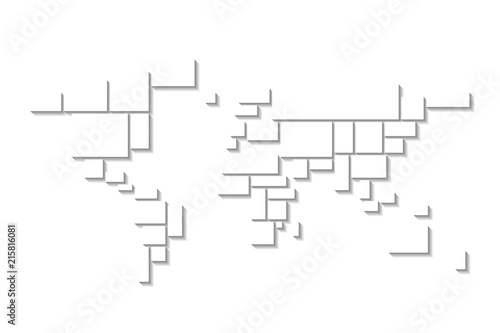 Photo frame collage theme in a shape of World map. White rectangles with dropped shadow. Mood board mosaic. Vector template.
