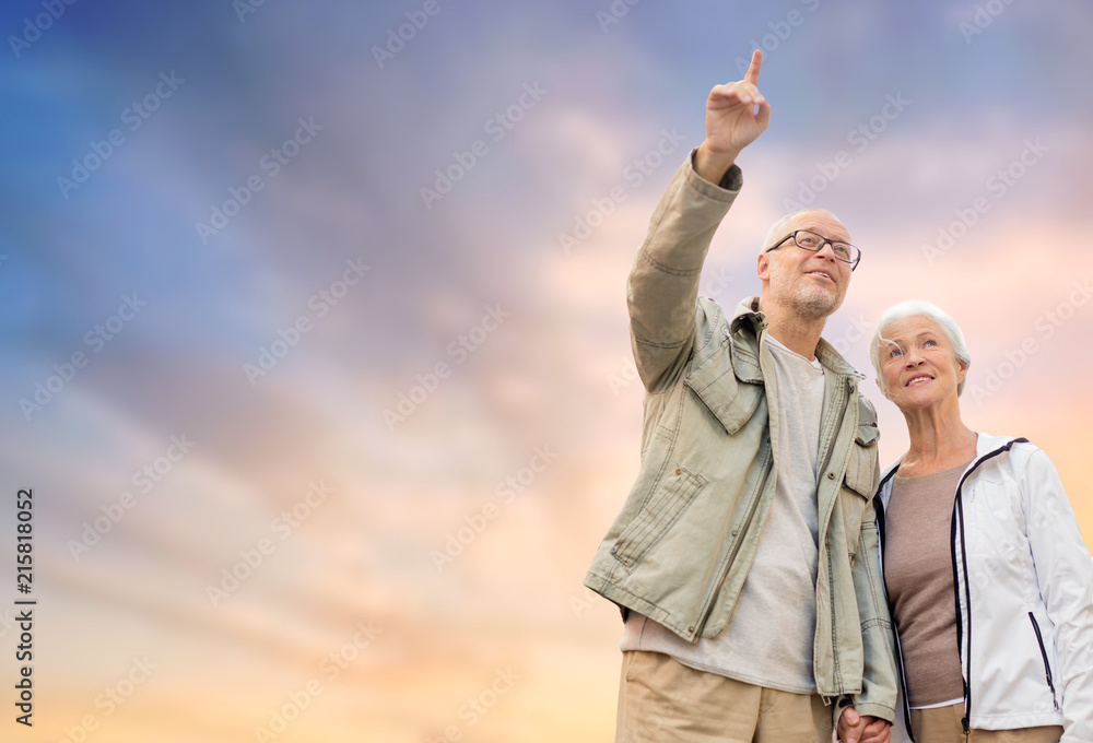 old age, tourism, travel and people concept - happy senior couple holding hands over evening sky background old age, tourism, travel and people concept - happy senior couple holding hands over evening sky background