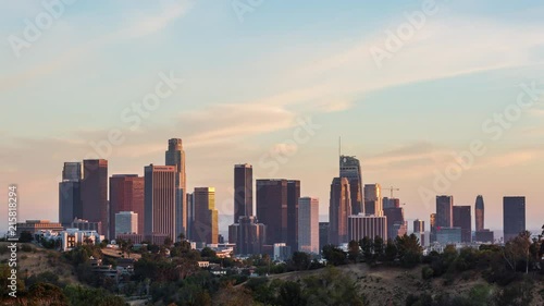 Downtown Los Angeles Skyline Day to Night Pink Sunset Timelapse Close photo