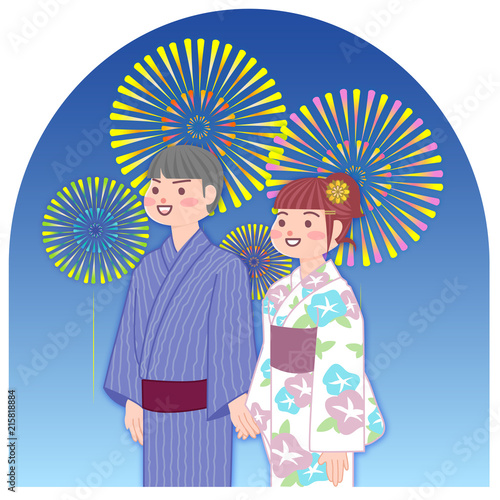 浴衣で花火デートをするカップル Stock イラスト Adobe Stock