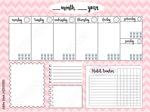 Empty weekly planner with water level tracker, space for notes, To do list and habit tracker, pink chevron background. Schedule and organizer template. Vector