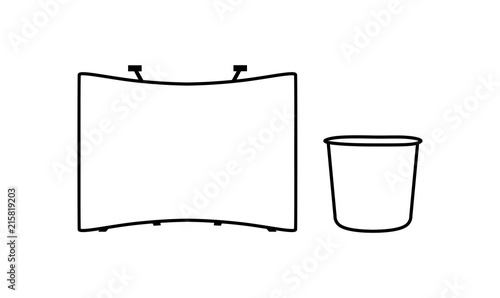 Pop up trade show stand and promotion retail trade stand or promotion counter. Vector line icon. Form of printed advertising.