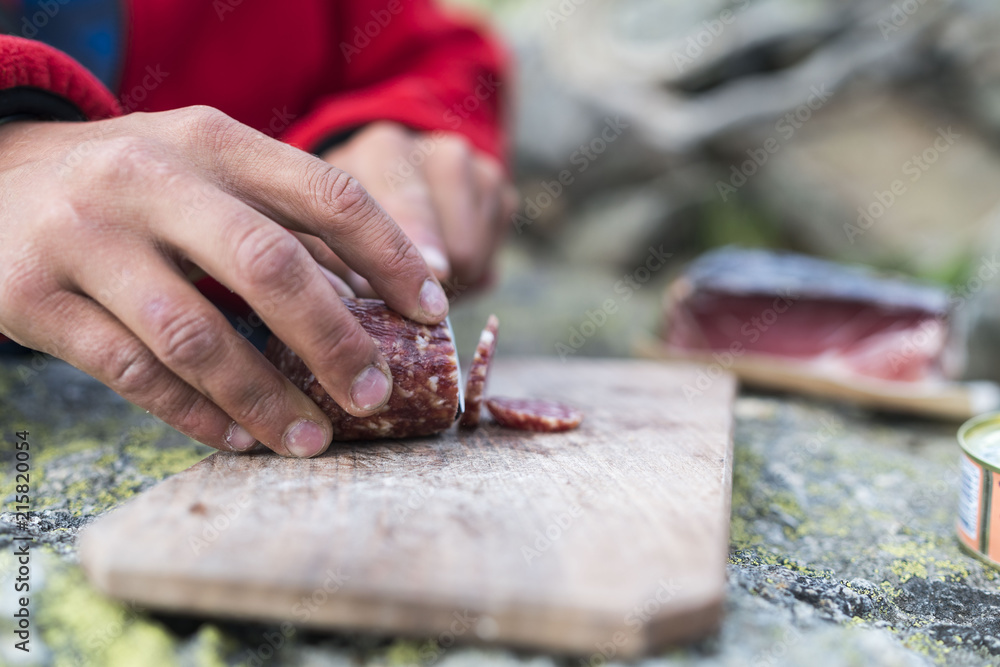 bacon on wood plate on a mountain in south tyrol bacon on wood plate on a mountain in south tyrol