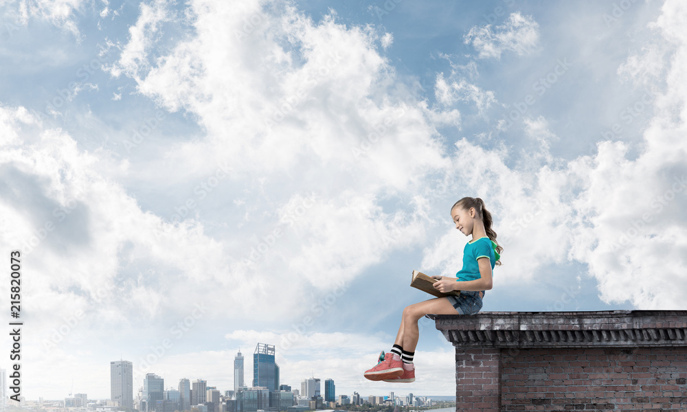 Concept of careless happy childhood with girl exploring this world Concept of careless happy childhood with girl exploring this world