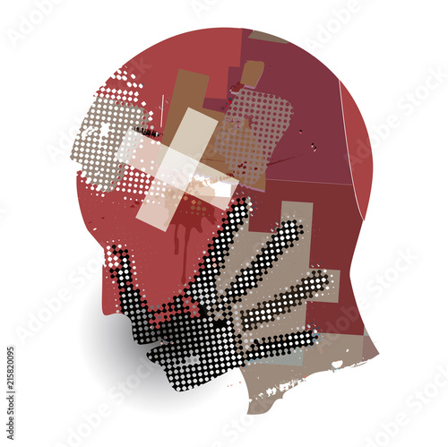 Man,Blood wound head, Victim of violence.
Young man grunge silhouette with hand print on the face and Blood wound head. Vector available.