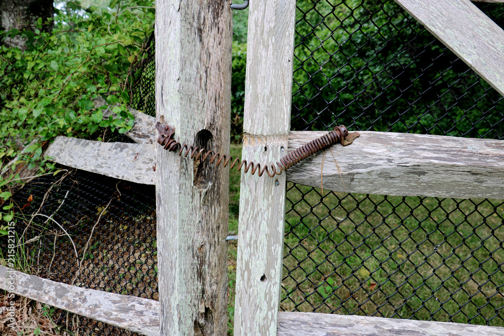Fototapeta premium Rusty chain locks an old, wooden fence in the country