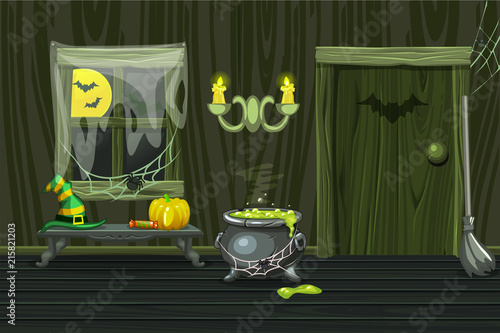 Green house, illustration interior wooden room with halloween symbols