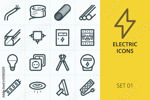 Electric icons set -  cable, wire, pvc pipes, led lamps, spot lights, relay