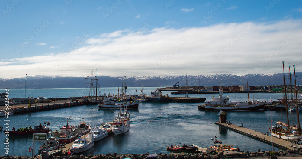 Iceland, city of Husavik - beautiful place and whale watching location. Coastline, bay, dock. Cityscape.