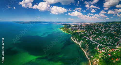 Aerial drone view of sea and coast above Varna, Bulgaria. Beautiful summer day.