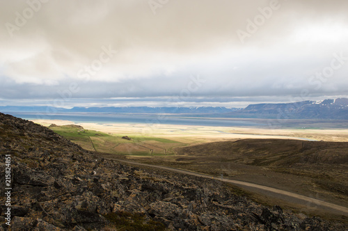 View to hop lagune next to Vesturhop lake from Borgarvirki (columnar basalt fortress) on Vatnsnes peninsula in North Iceland