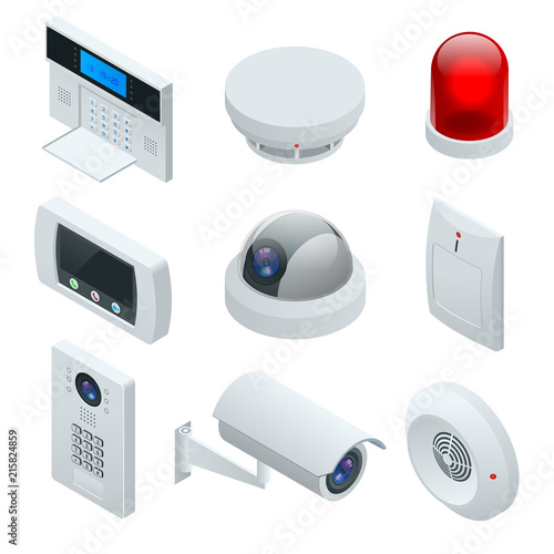 Isometric alarm system home. Home security. Security alarm keypad with person arming the system. Access, Alarm zones, security system panel