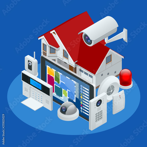 Isometric alarm system home. Home security. Security alarm keypad with person arming the system. Access, Alarm zones, security system panel