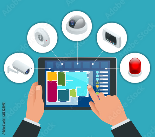 Isometric alarm system home. Home security. Security alarm keypad with person arming the system. Access, Alarm zones, security system panel