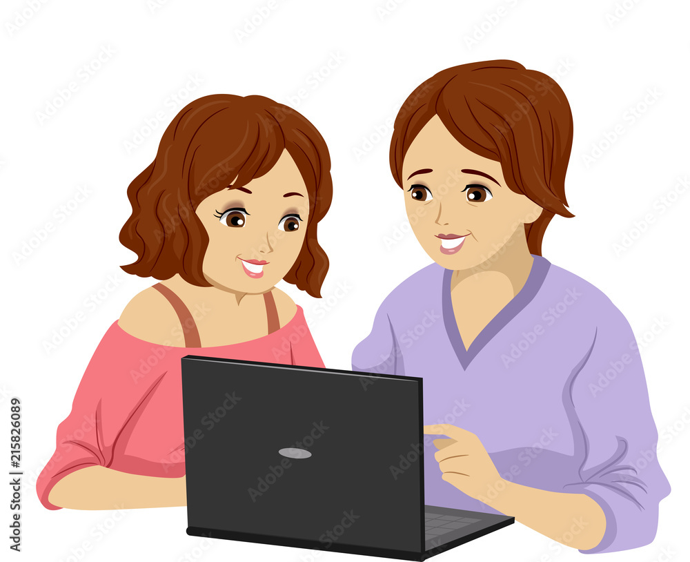 Teen Girl Mother Learn Laptop Illustration Teen Girl Mother Learn Laptop Illustration