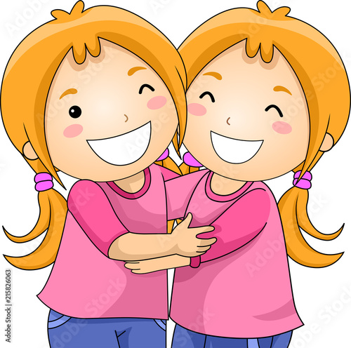 Kids Girls Twins Hug Illustration