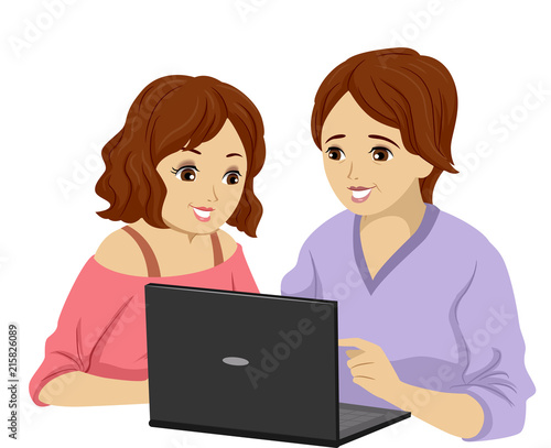 Teen Girl Mother Learn Laptop Illustration