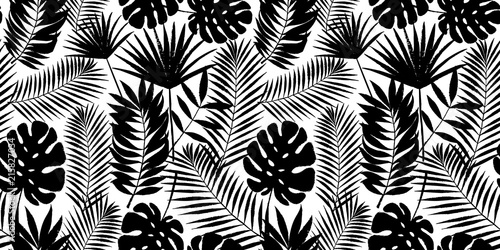 Summer tropical palm tree leaves seamless pattern. Vector grunge design for cards, web, backgrounds and natural product. Black and white monstera