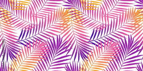Summer tropical palm tree leaves seamless pattern. Vector grunge design for cards, web, backgrounds and natural product. Colorful fasion illustration