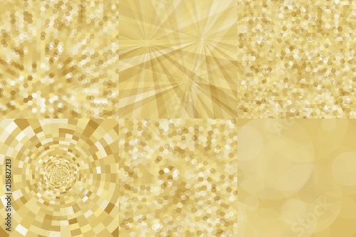 Gold geometric greeting card, banner, pattern set. Vector luxury background