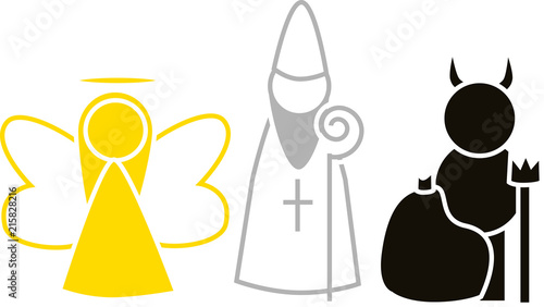 Nicholas, angel, devil.  Silhouette of Saint Nicholas, angel and devil.  Silhouette of a yellow angel. Silhouette of a Saint Nicholas. White silhouette of a Saint Nicholas. Silhouette of 