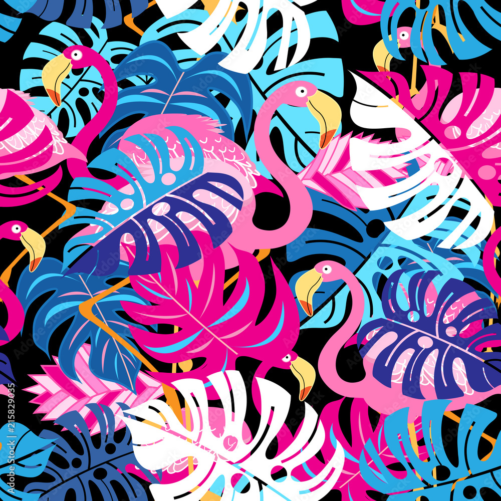 Obraz premium Beautiful bright tropical pattern of pink flamingos