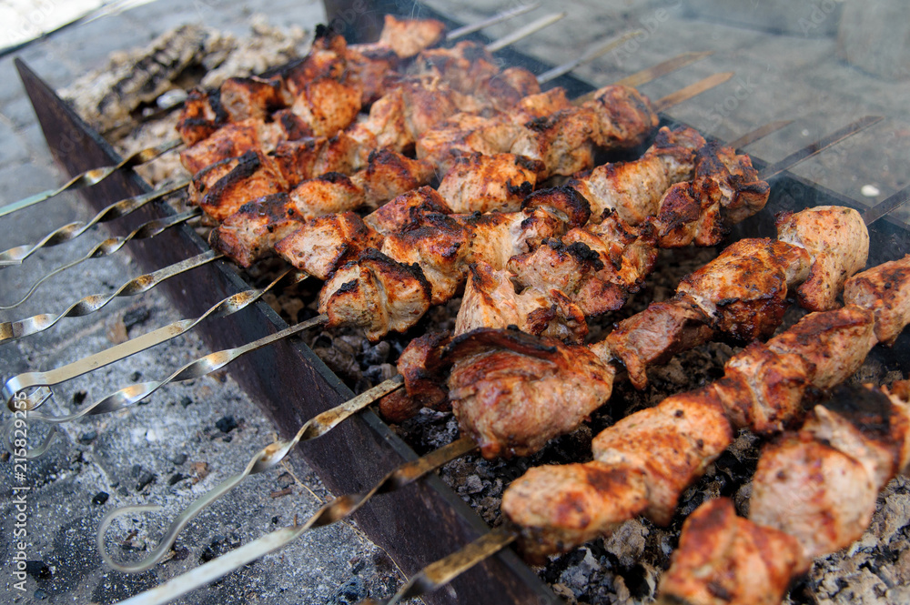 Shashlik, cooked over an open fire on the coals