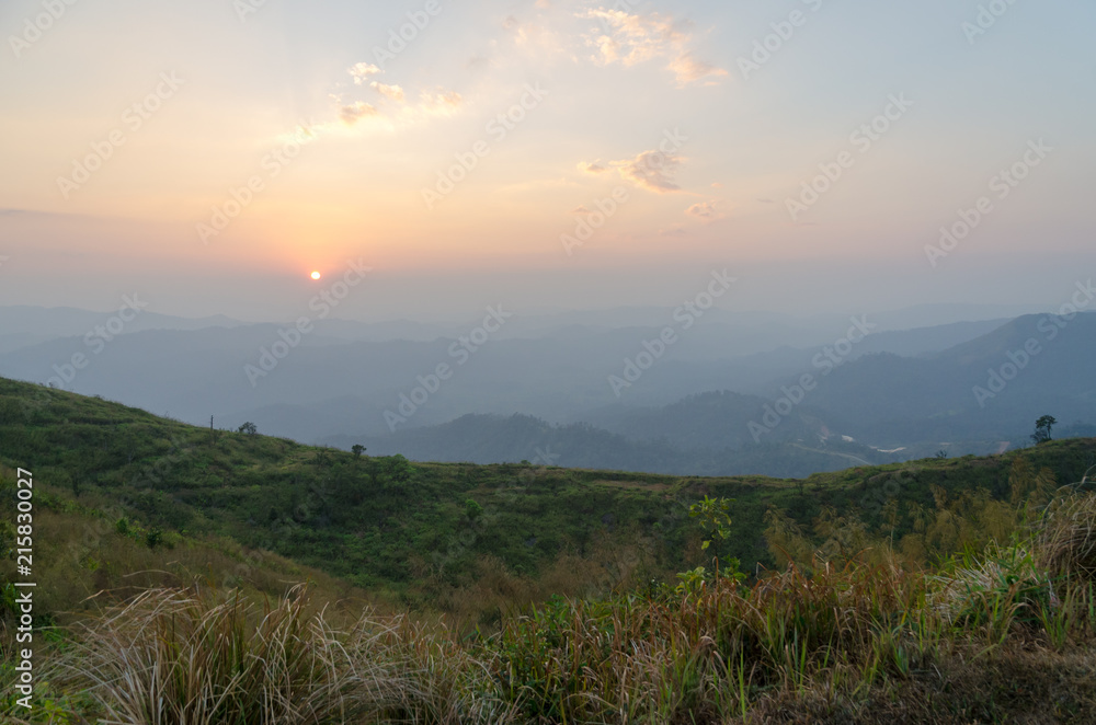 Mountain field during sunset. Beautiful natural landscape, South Thailand