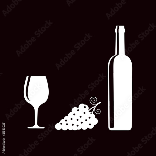 Wine Cheese and Grapes White Silhouettes on Black Background