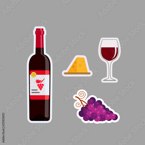 Stickers of bottle red, glass, grapes and cheese, isolated on gray background